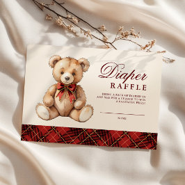 Red Plaid Bear Baby Shower Diaper Raffle エンクロージャーカード