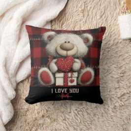 Red Plaid Bear I Love You Custom Name Monogram クッション