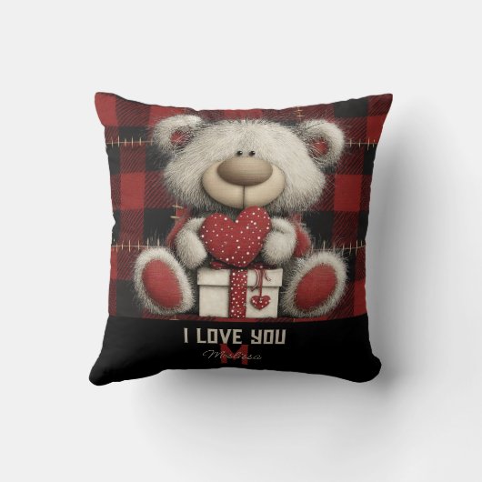 Red Plaid Bear I Love You Custom Name Monogram クッション (裏面)