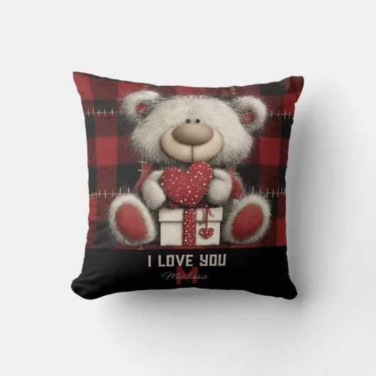 Red Plaid Bear I Love You Custom Name Monogram クッション (正面)