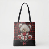Red Plaid Bear I Love You Custom Name Monogram トートバッグ (正面)