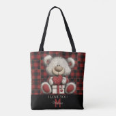 Red Plaid Bear I Love You Custom Name Monogram トートバッグ (裏面)