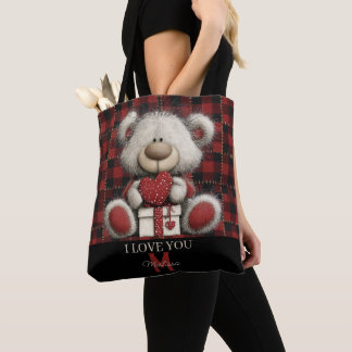 Red Plaid Bear I Love You Custom Name Monogram トートバッグ