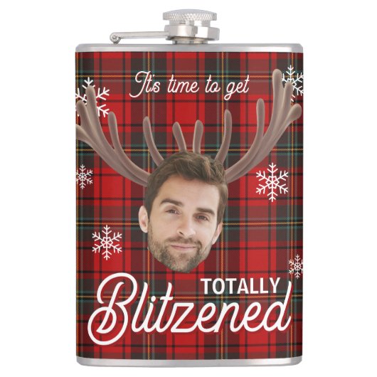 Red Plaid Blitzened Holiday Humor Drinking Flask フラスク (正面)