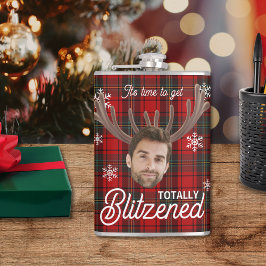 Red Plaid Blitzened Holiday Humor Drinking Flask フラスク