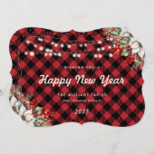 Red Plaid Botanical String Lights New Year Card シーズンカード (正面/裏面)