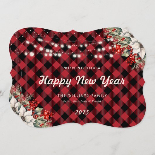 Red Plaid Botanical String Lights New Year Card シーズンカード (正面/裏面)