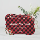 Red Plaid Botanical String Lights New Year Card シーズンカード (スタンド正面)