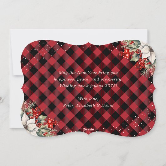 Red Plaid Botanical String Lights New Year Card シーズンカード (裏面)