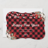 Red Plaid Botanical String Lights New Year Card シーズンカード (正面)