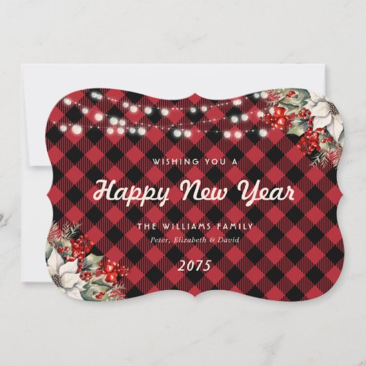 Red Plaid Botanical String Lights New Year Card シーズンカード (正面)