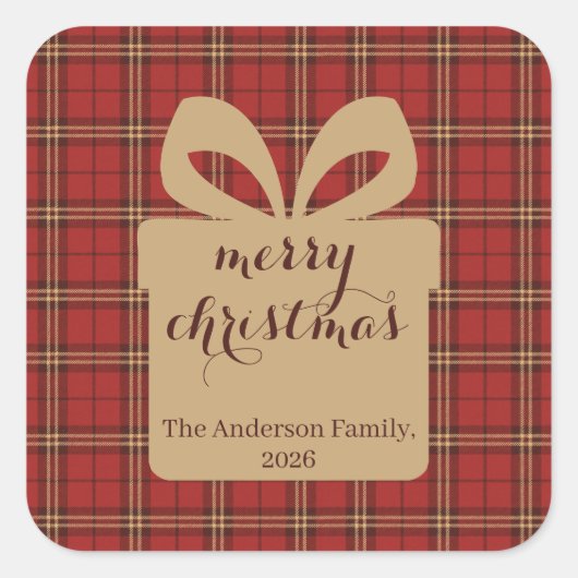 Red Plaid Christmas Festive Pattern - スクエアシール (正面)