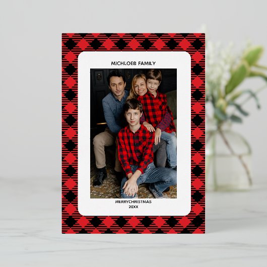 Red Plaid Christmas Invitation | Photo Foil 箔招待状 (立ち正面)