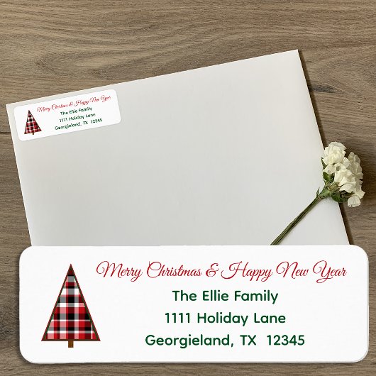 Red Plaid Christmas Tree Return Address Label ラベル