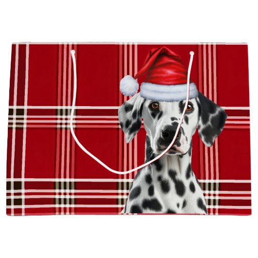 Red Plaid Dalmatian Dog Lover Holiday ラージペーパーバッグ (正面)