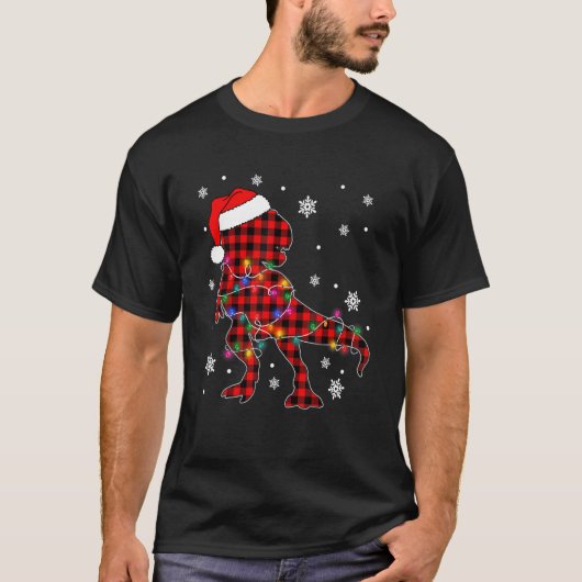 Red Plaid Dinosaur Hat Santa Christmas Lights Buff Tシャツ (正面)