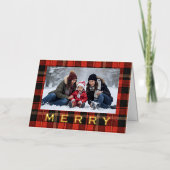 Red Plaid Family and Friends Cozy Merry Gold Text 箔シーズンカード (正面)