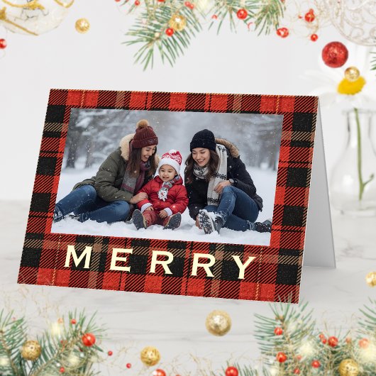 Red Plaid Family and Friends Cozy Merry Gold Text 箔シーズンカード