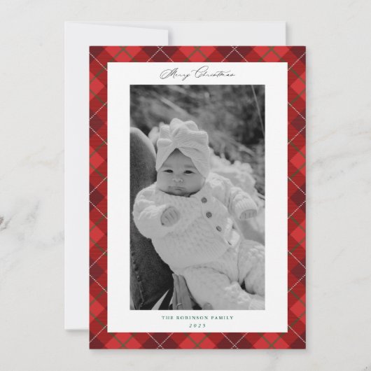 Red Plaid Frame Christmas Holiday Photo Card シーズンカード (正面)