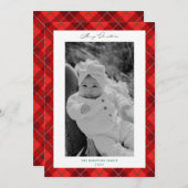 Red Plaid Frame Christmas Holiday Photo Card シーズンカード (正面/裏面)