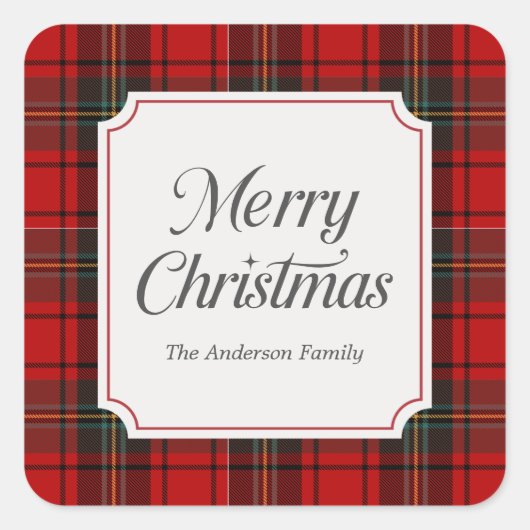 Red Plaid Merry Christmas スクエアシール (正面)