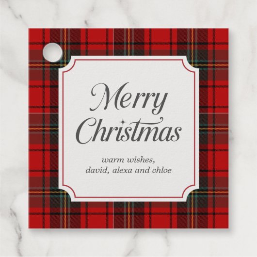 Red Plaid Merry Christmas Square フェイバータグ (正面)