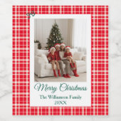 Red Plaid Photo Merry Christmas Holiday ワインラベル (シングルラベル)