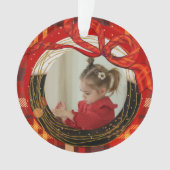 Red Plaid Photo Ornament with Hand-Drawn Ribbon オーナメント (正面)