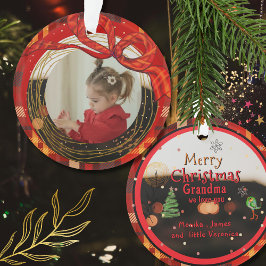 Red Plaid Photo Ornament with Hand-Drawn Ribbon オーナメント