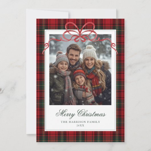 Red Plaid Red Bow Photo シーズンカード (正面)