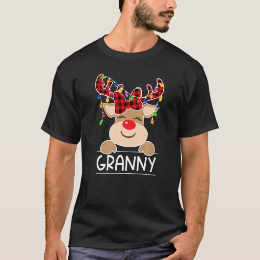 Red Plaid Reindeer Granny Christmas Light Christma Tシャツ (正面)
