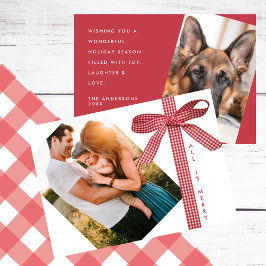 Red Plaid Ribbon Simple 2 Photo Christmas シーズンカード