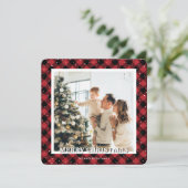 Red Plaid Snow Photo Merry Christmas シーズンカード (スタンド正面)