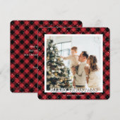 Red Plaid Snow Photo Merry Christmas シーズンカード (正面/裏面)