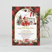 Red Plaid Tartan Christmas Luxury Bear Girl 招待状 (スタンド正面)