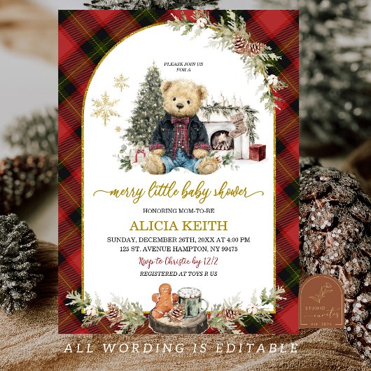 Red Plaid Tartan Christmas Luxury Boy Bear  招待状