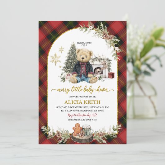 Red Plaid Tartan Christmas Luxury Boy Bear 招待状 (スタンド正面)