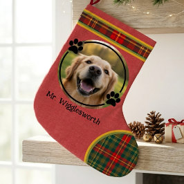 Red Plaid Tartan Dog Lover Holiday Gift ラージクリスマスストッキング
