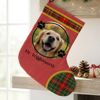 Red Plaid Tartan Dog Lover Holiday Gift ラージクリスマスストッキング