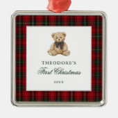 Red Plaid Teddy Bear Baby First Christmas メタルオーナメント (正面)