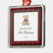 Red Plaid Teddy Bear Baby First Christmas メタルオーナメント (左)