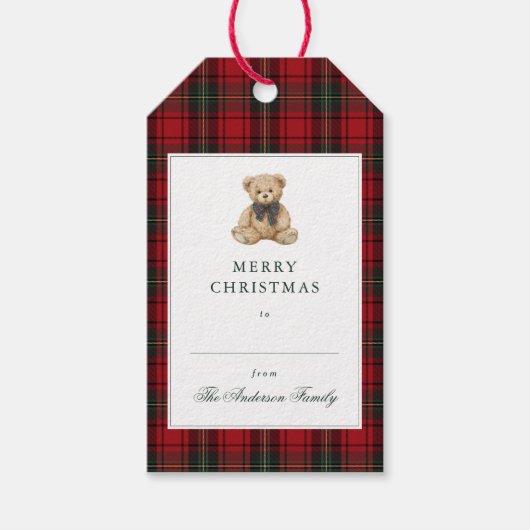 Red Plaid Teddy Bear Christmas ギフトタグ (正面)