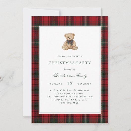 Red Plaid Teddy Bear Christmas Party 招待状 (正面)