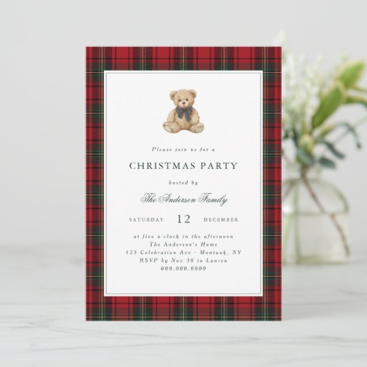 Red Plaid Teddy Bear Christmas Party 招待状 (スタンド正面)
