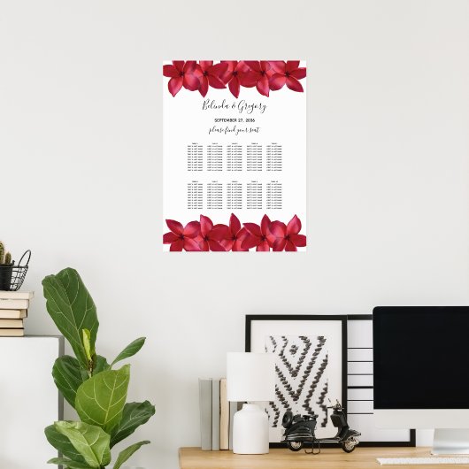 Red Plumeria Frangipani Wedding Seating Chart ポスター (ホームオフィス)