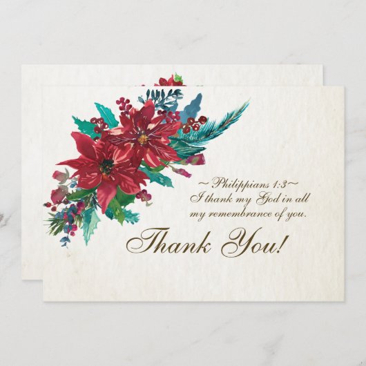 Red Poinsettiaバイブル感動的聖句クリスマス サンキューカード (正面/裏面)