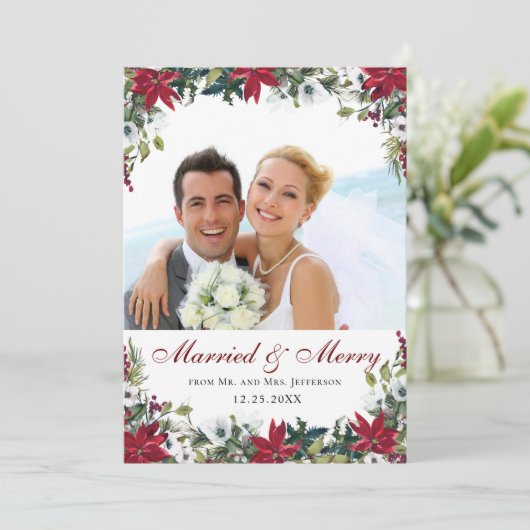 Red Poinsettiaフローラクリスマス写真ありがとう サンキューカード (スタンド正面)