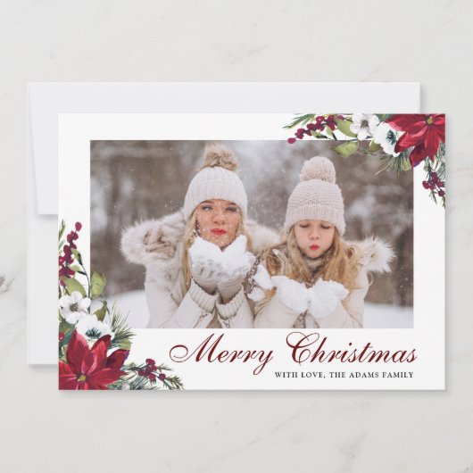 Red Poinsettiaフローラ写真クリスマスカード サンキューカード (正面)