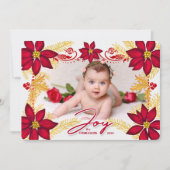Red Poinsettia喜びと金ゴールド松と写真 シーズンカード (正面)