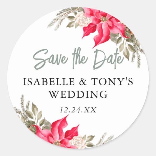 Red Poinsettia日付の保存封筒用シール ラウンドシール (正面)